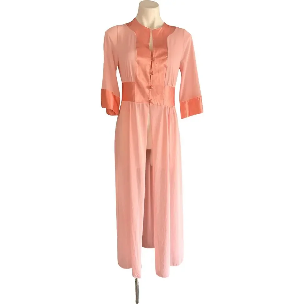 Vintage Gossard Artemis Nylon Peachy Colorblock Robe 1970s Satin Trim Medium